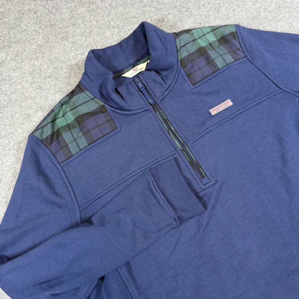 Vineyard Vines Sweatshirt Mens 2XL Blue Plaid Shoulder 1/4 Zip Fleece 2K001800
